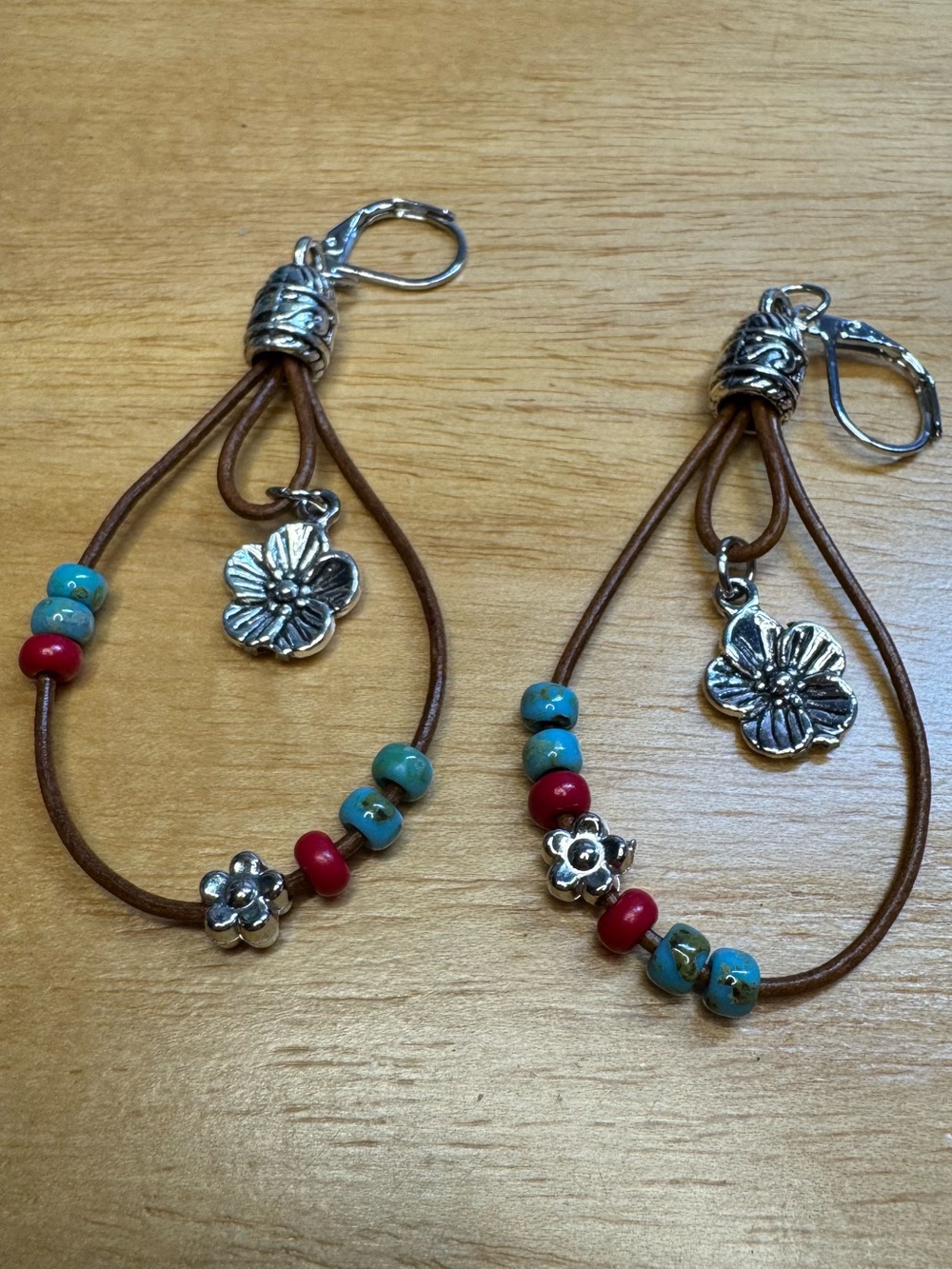 NWT Boho Floral Charm Leather Drop Earrings